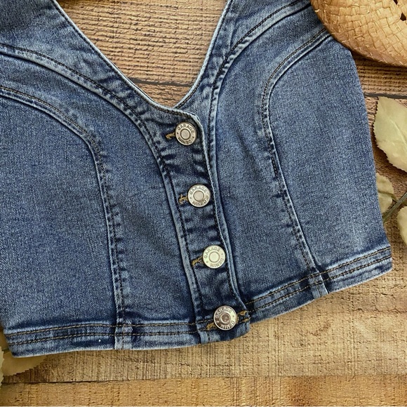 Denim Button-Up Halter Stretch Top Festival Rodeo Western Coastal Cowgirl - Picture 6 of 11